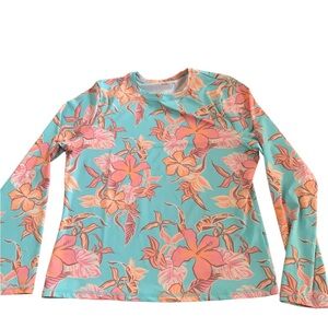 Roxy Teal and Coral Floral Long Sleeve Swim Top NWOT Large